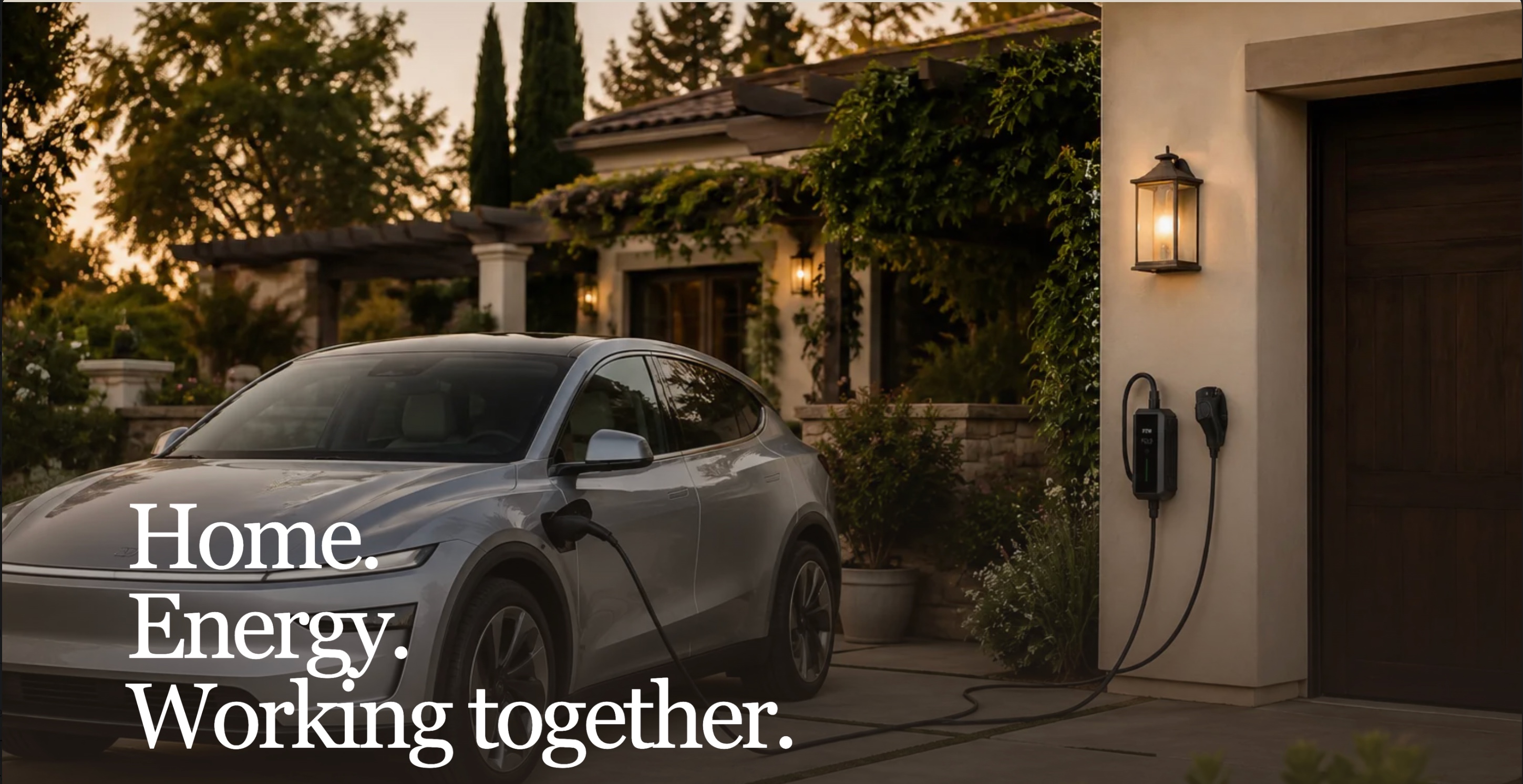 Electric vehicle connected to a wall-mounted charger outside a warm California residence, with the words Home. Energy. Working together.