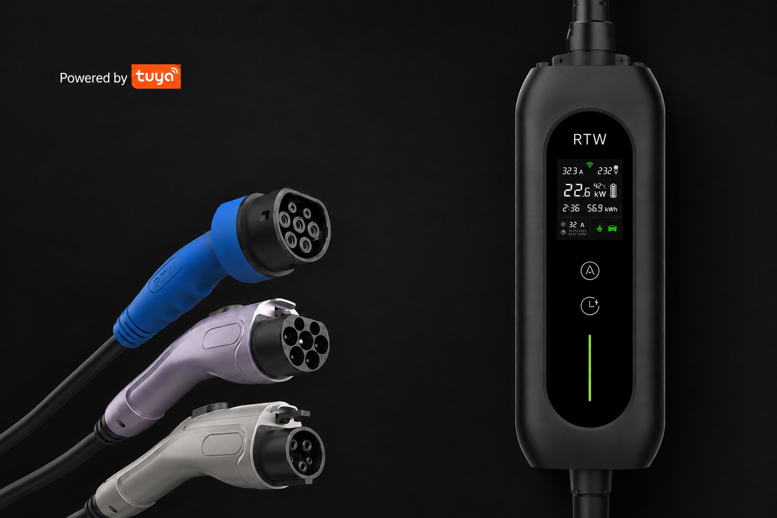 RTW home EV charger control box with three connector options and Powered by Tuya branding